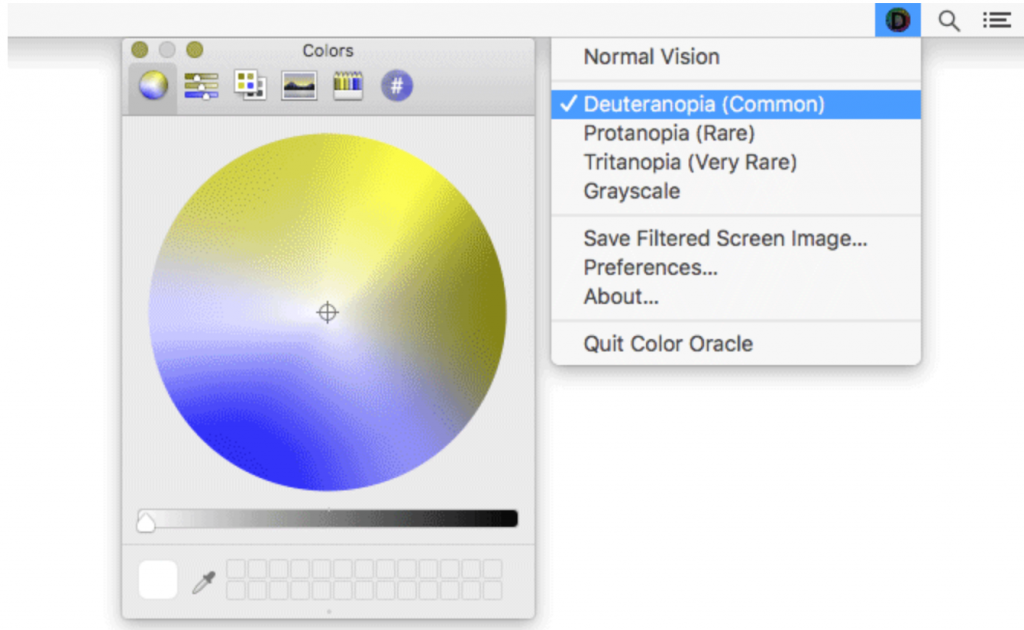 Color Oracle menu with view of colour palette