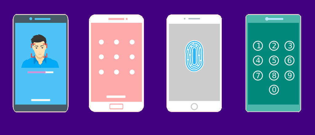 smart phone face recognition, code, finger print and numeric password screens. 