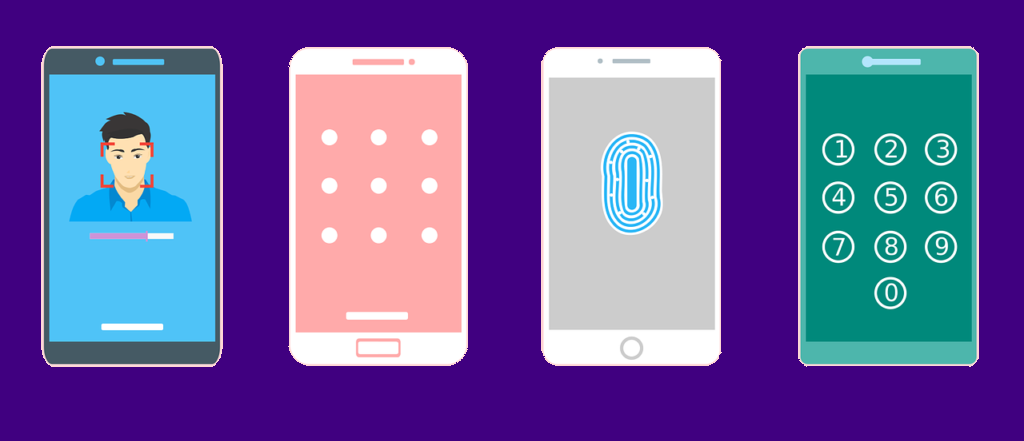 smart phone face recognition, code, finger print and numeric password screens.