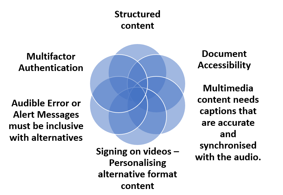 Structured content 
Signing on videos – Personalising alternative format content
Multifactor authentication
Document Accessibility
Audible Error or Alert Messages must be inclusive with alternatives
Multimedia content needs captions that are accurate and synchronised with the audio.
