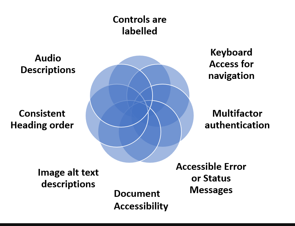 Controls are labelled
Keyboard Access for navigation
Multifactor authentication
Accessible Error or Status Messages
Image alt text descriptions
Consistent Heading order
Audio Descriptions
Document accessibility