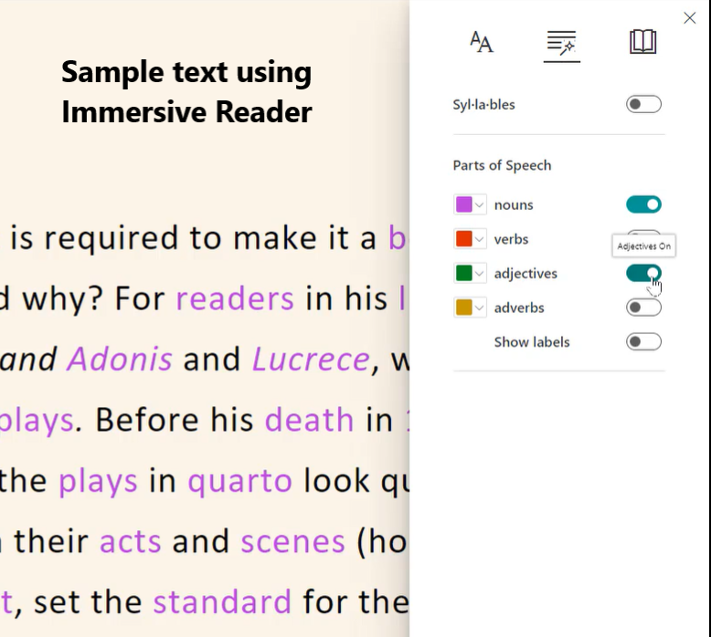 Immersive Reader in Word highlighting part of speech, colour background changes and text style. 
