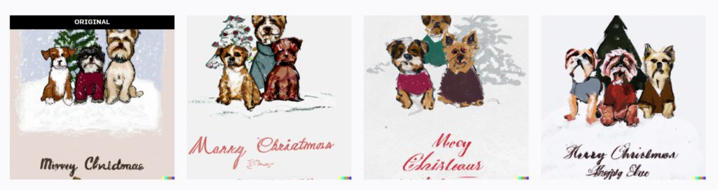three dogs infront of a Christmas tree with different versions. 