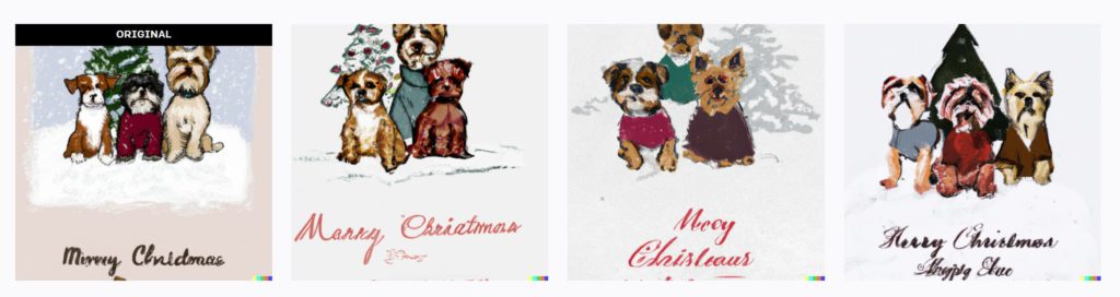 three dogs infront of a Christmas tree with different versions.